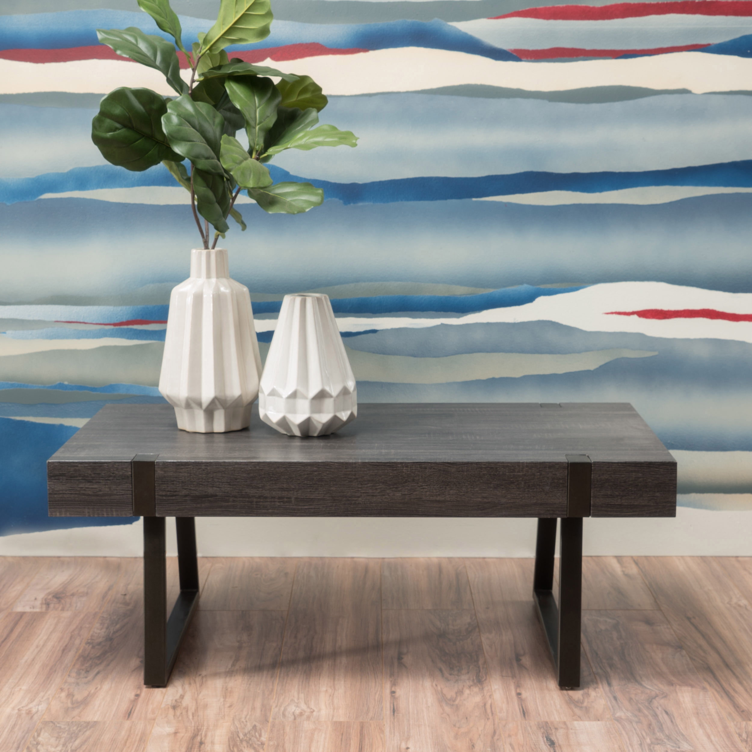 Free Shipping! Noble House Modern Industrial Black Oak Faux Wood Coffee Table with Metal Legs ...