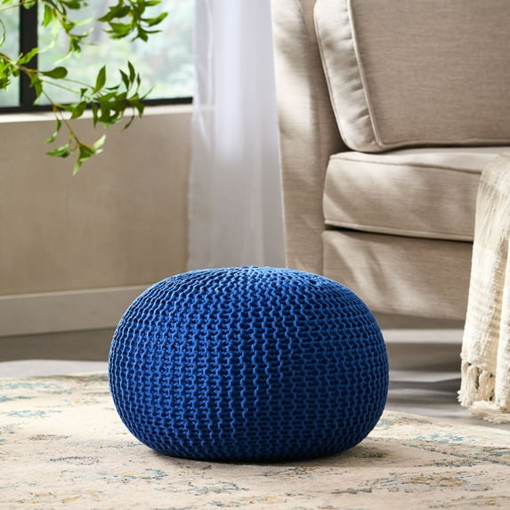 Noble House Abner Knitted Cotton Pouf, Royal
