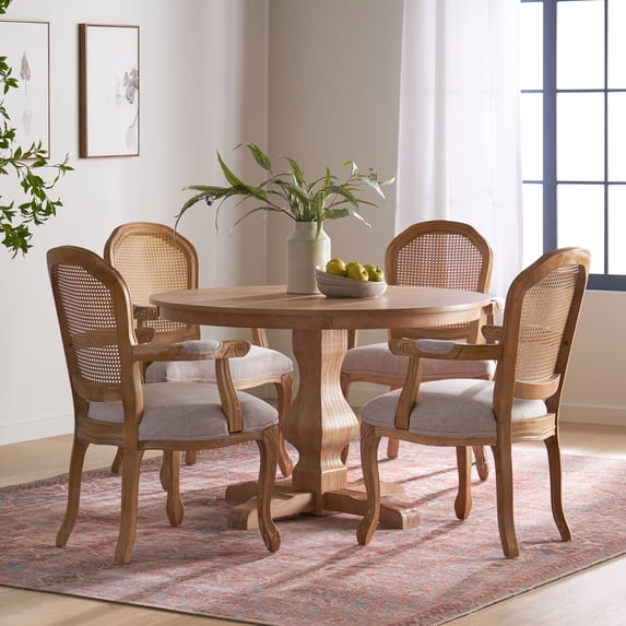 Noble House Absaroka Fabric Upholstered Wood and Cane 5 Piece Circular Dining Set, Natural and Brown