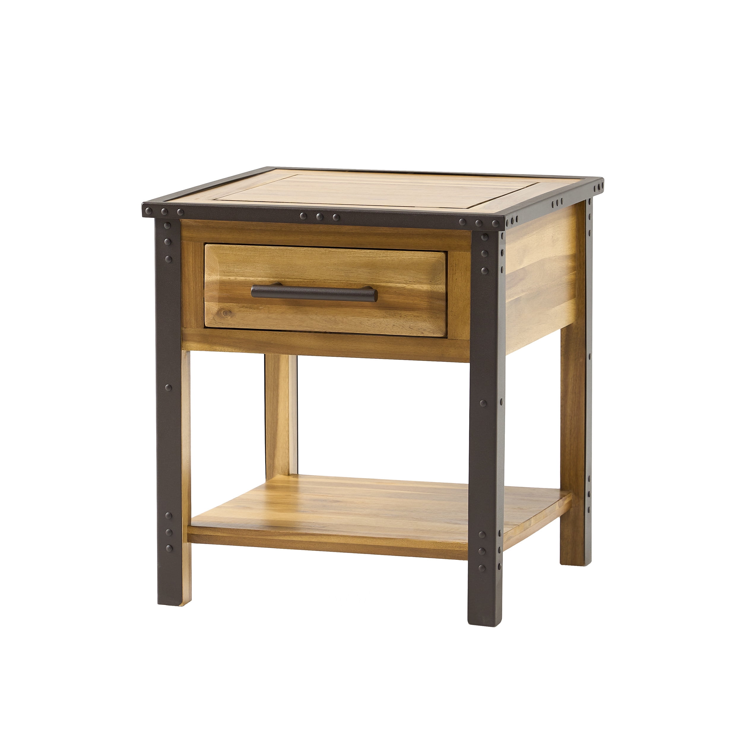 Luna Natural Stained Brown Acacia Wood End Table with Metal Frame