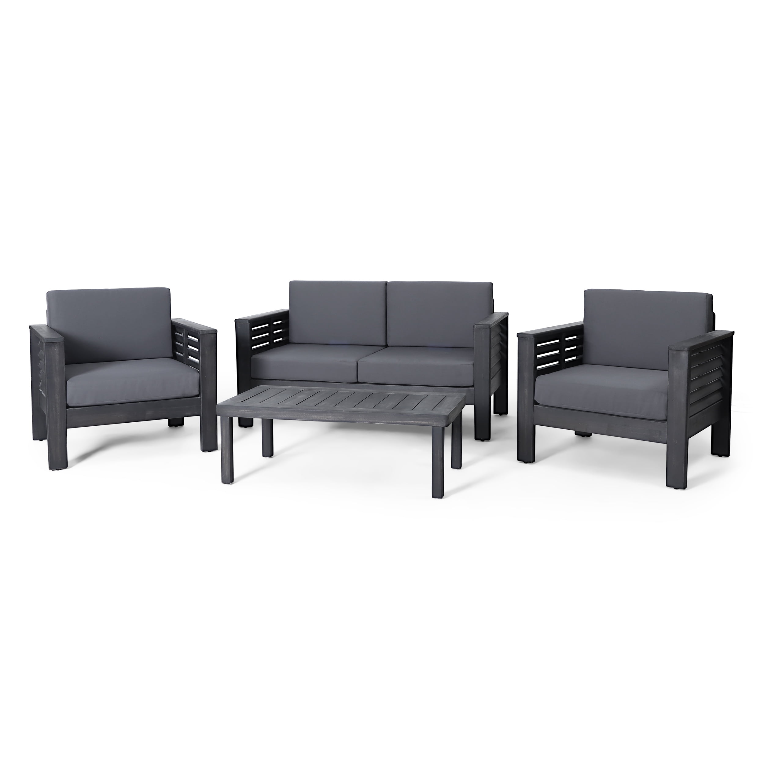 Noble House Acacia Wood 4-Pieces Outdoor Chat Set with Cushions, Dark Gray/Gray