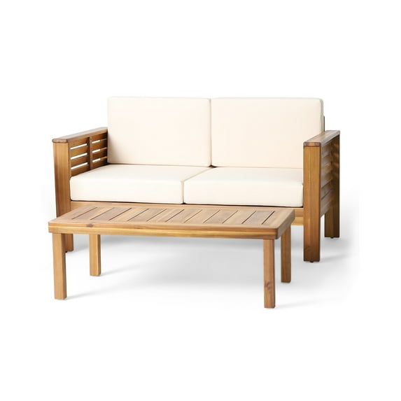 Noble House Acacia Wood Outdoor Patio Dining Set with Cushions, Teak/Cream