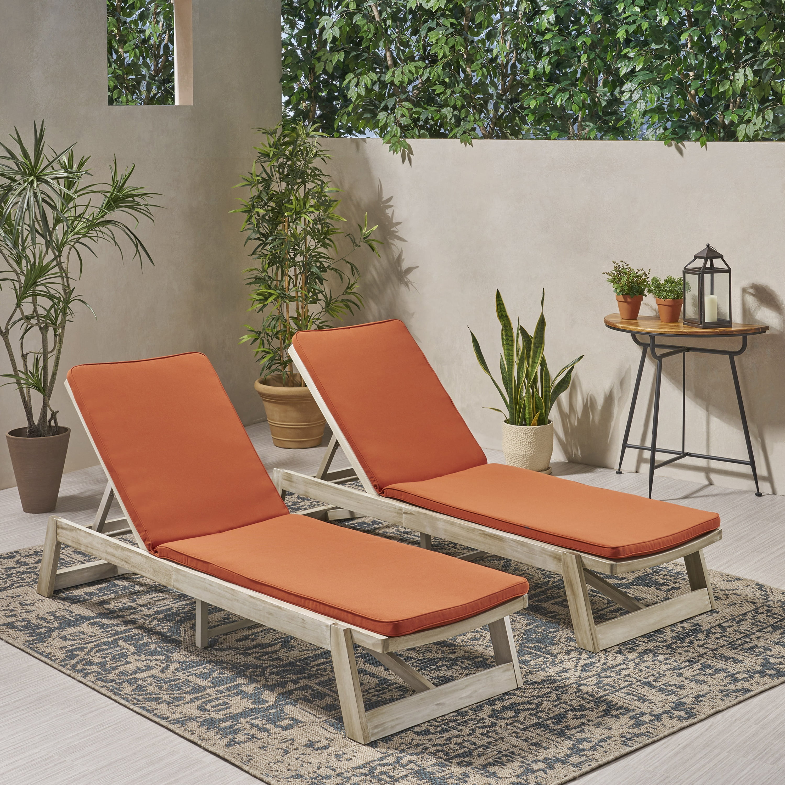 Noble House Acacia Wood Water Resistant Fabric and Cushion Sets Chaise Lounge - Set of 2