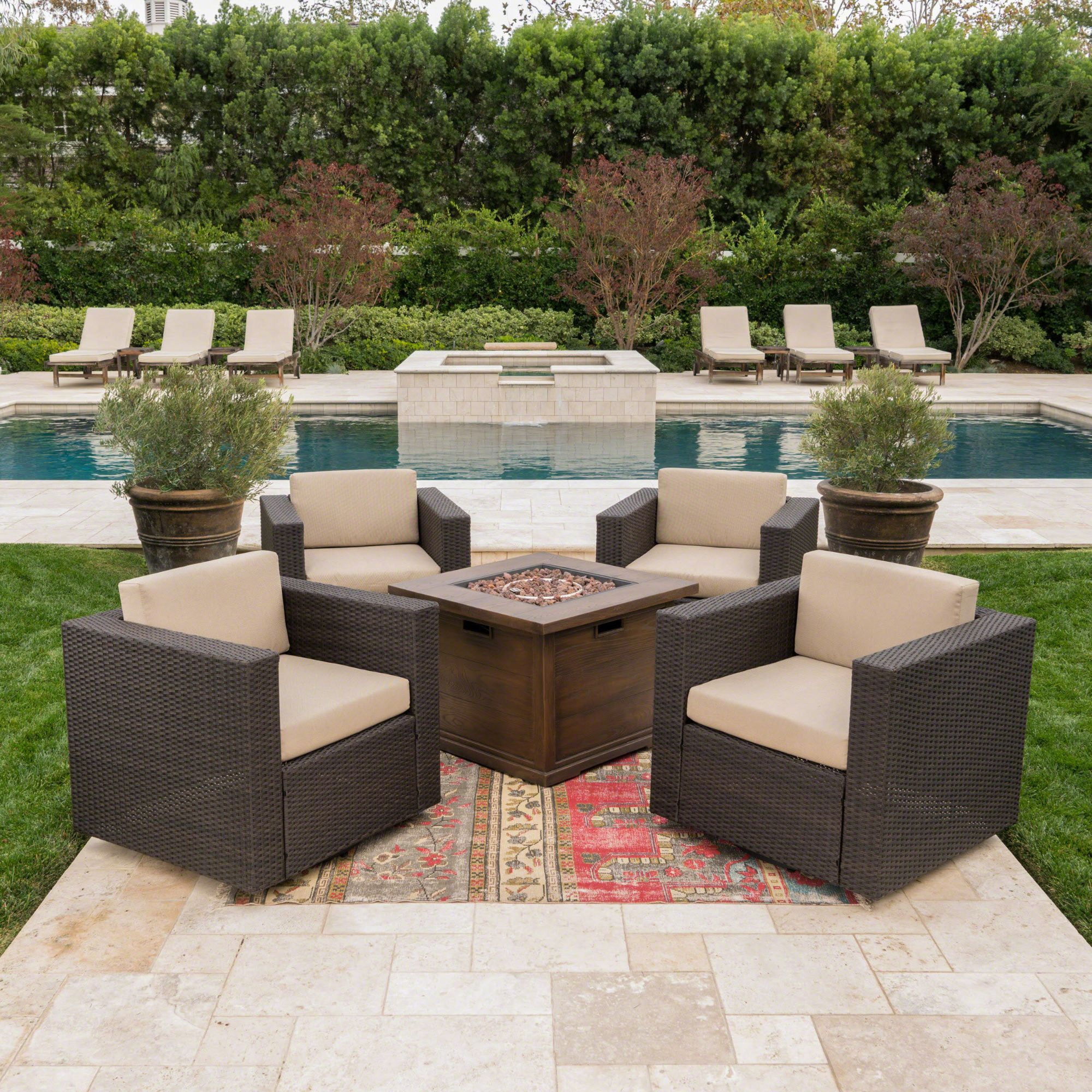 Noble House Achton Outdoor 5 Piece Club Chair and Fire Pit Set in Dark