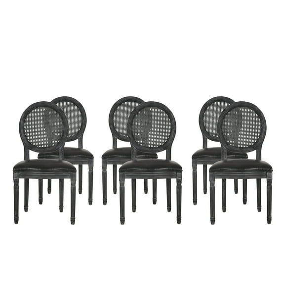 Noble House Acorn French Faux Leather Dining Chair, Set of 6, Midnight Black