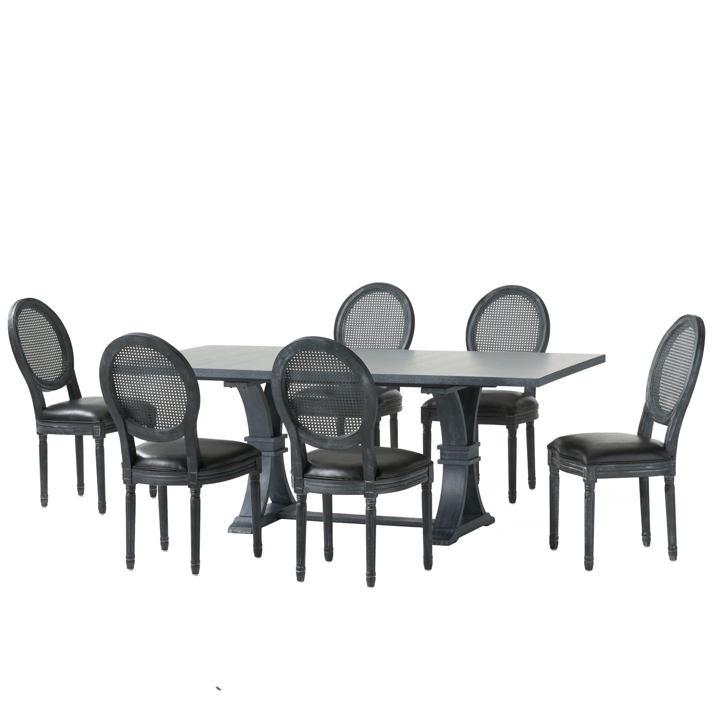 Noble House Acorn Wood and Cane 7-Piece Expandable Dining Set, Midnight Black and Gray