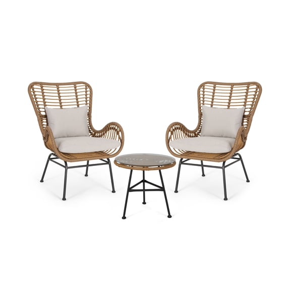 Noble House Acuna 3-PC Outdoor Faux Rattan Conversation Set in Light Brown/Beige
