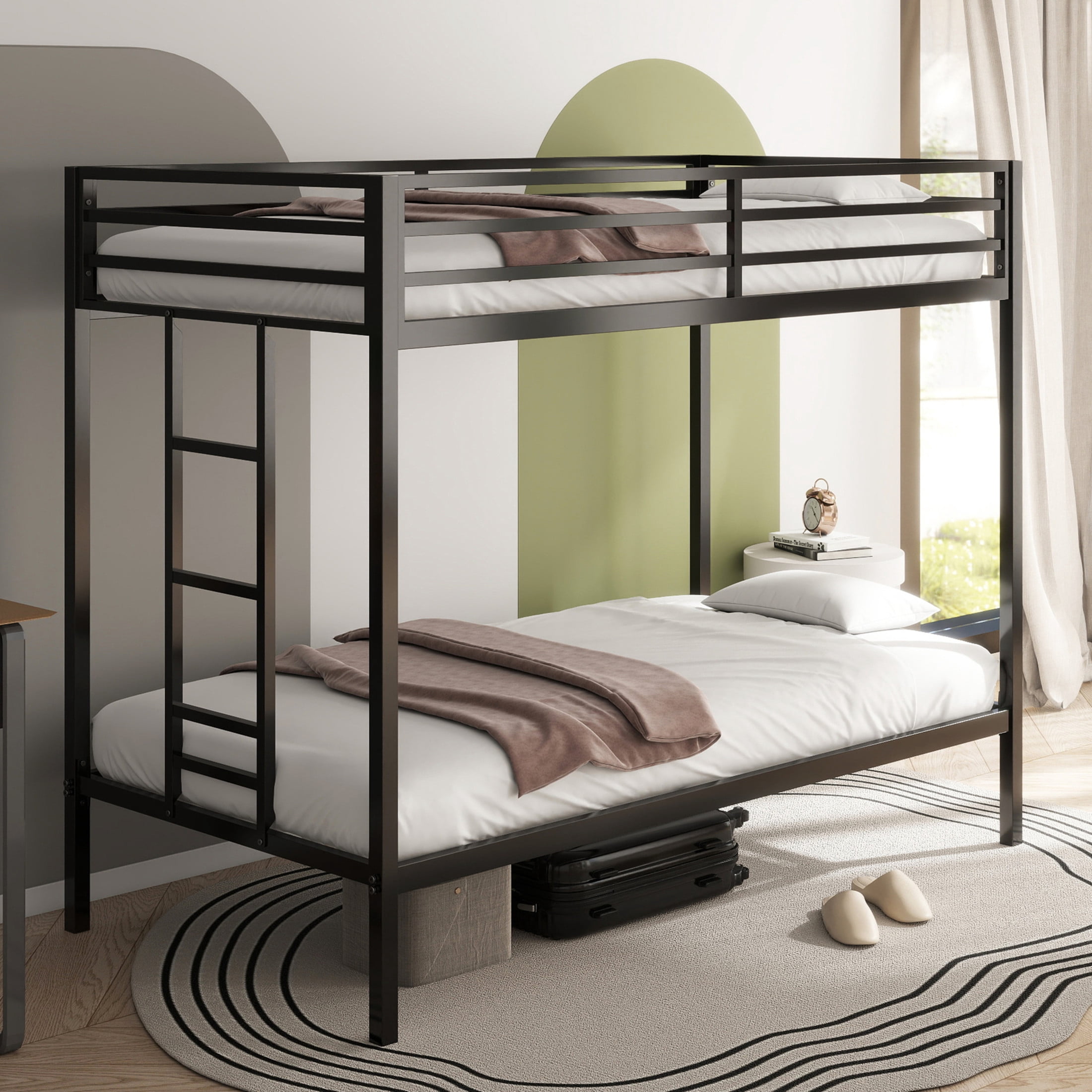 Noble House Adam Twin Over Twin Bunk Bed with Ladder, Guardrails, Metal Frame, Black