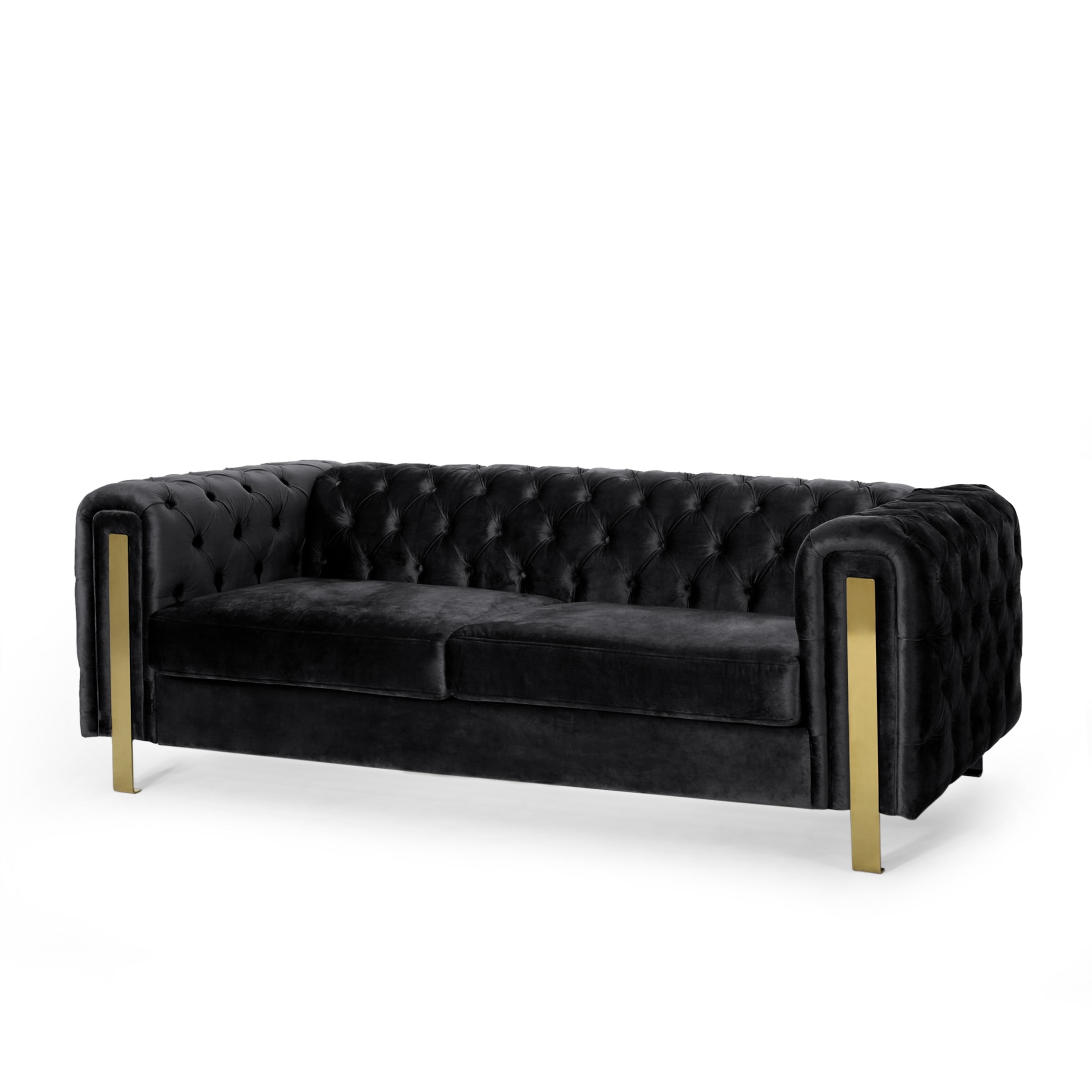 Elegant Modern Glam Black Velvet Tufted 3-Seater Sofa with Gold Accents