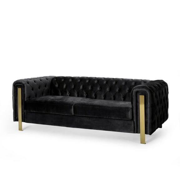 Noble House Addyston Velvet Tufted 3 Seater Sofa, Black and Gold