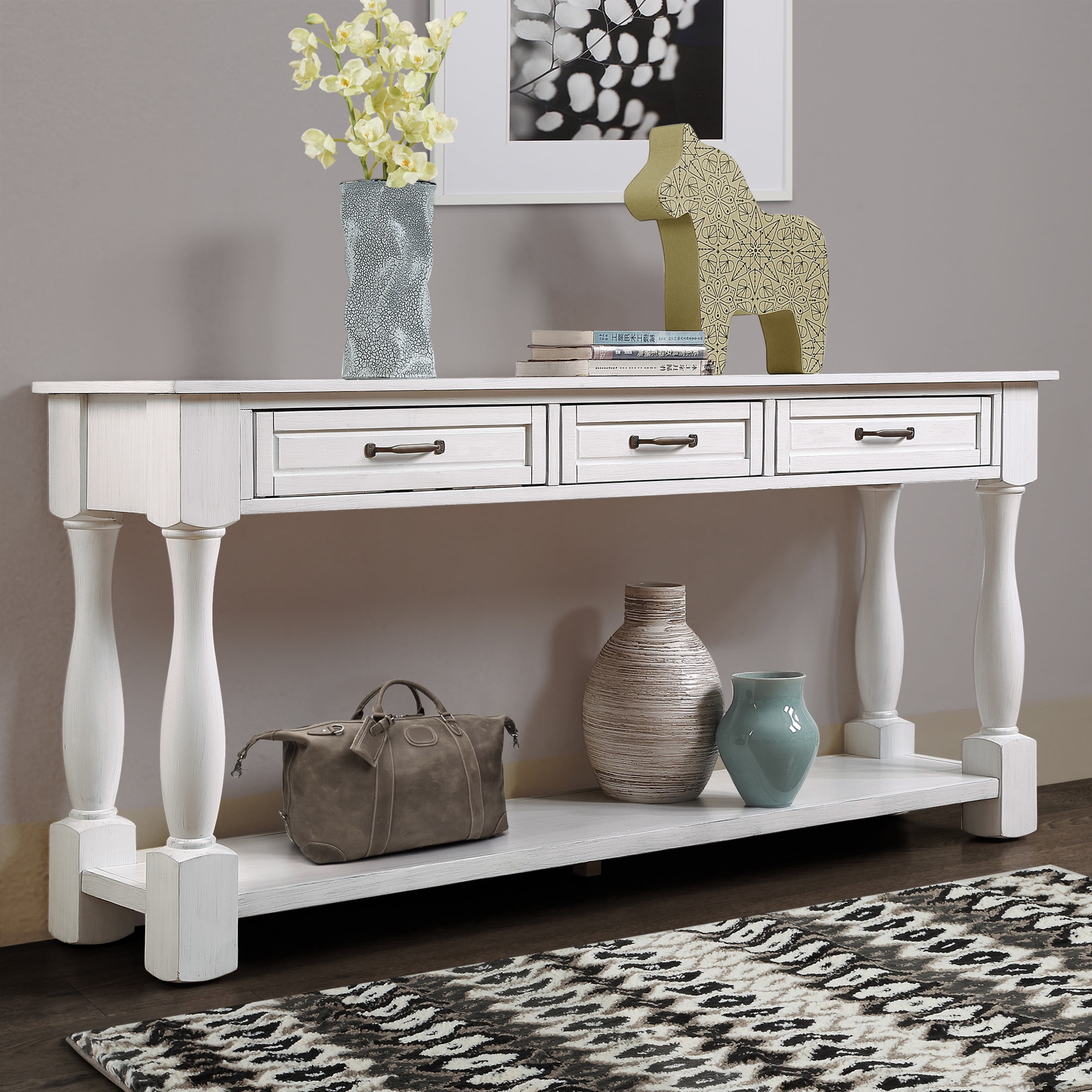 Noble House Adelaide 63" Console Table, Solid Wood Frame Mid-Century Entryway Storage, Antique White