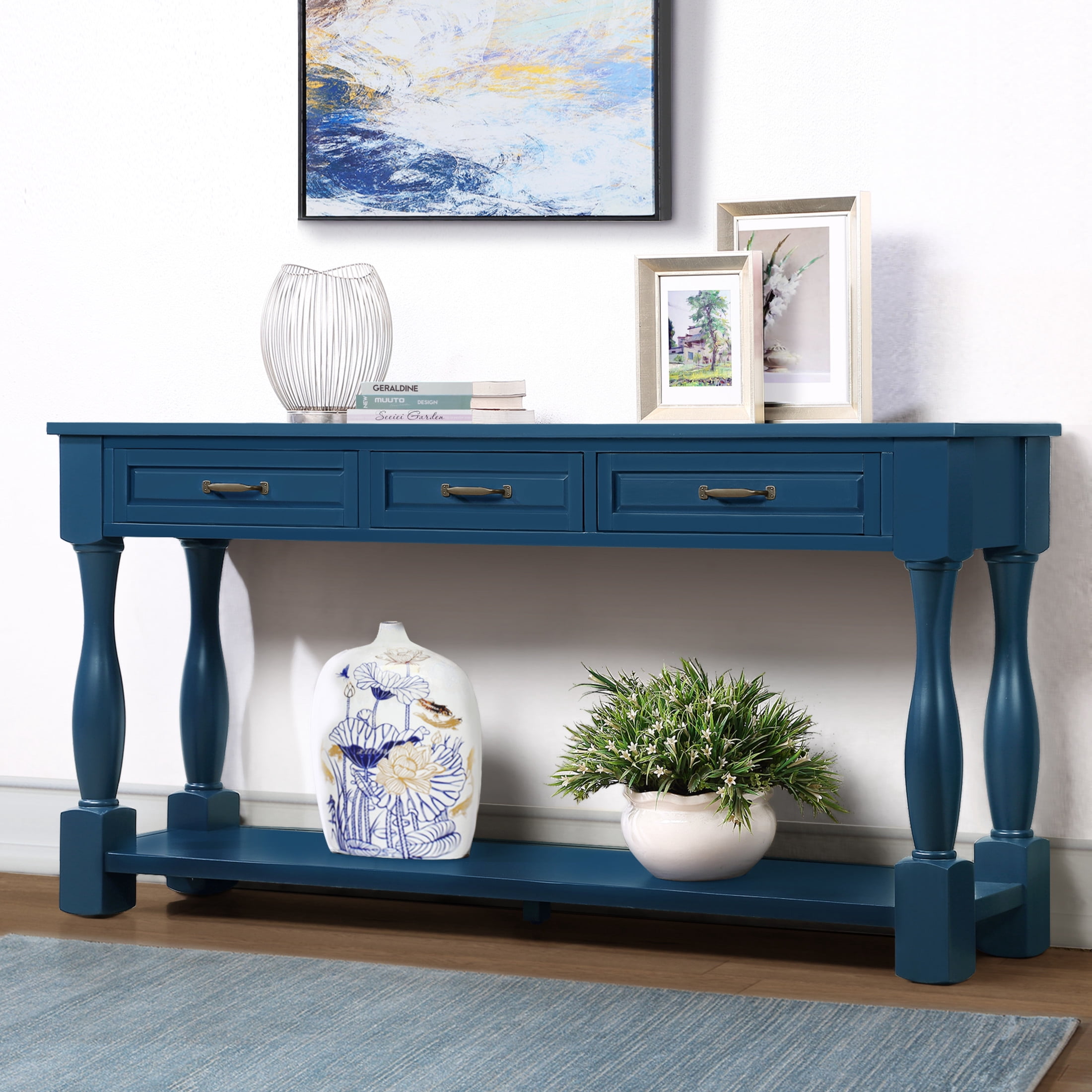 Noble House Adelaide 63" Console Table, Solid Wood Frame Mid-Century Entryway Storage, Navy Blue
