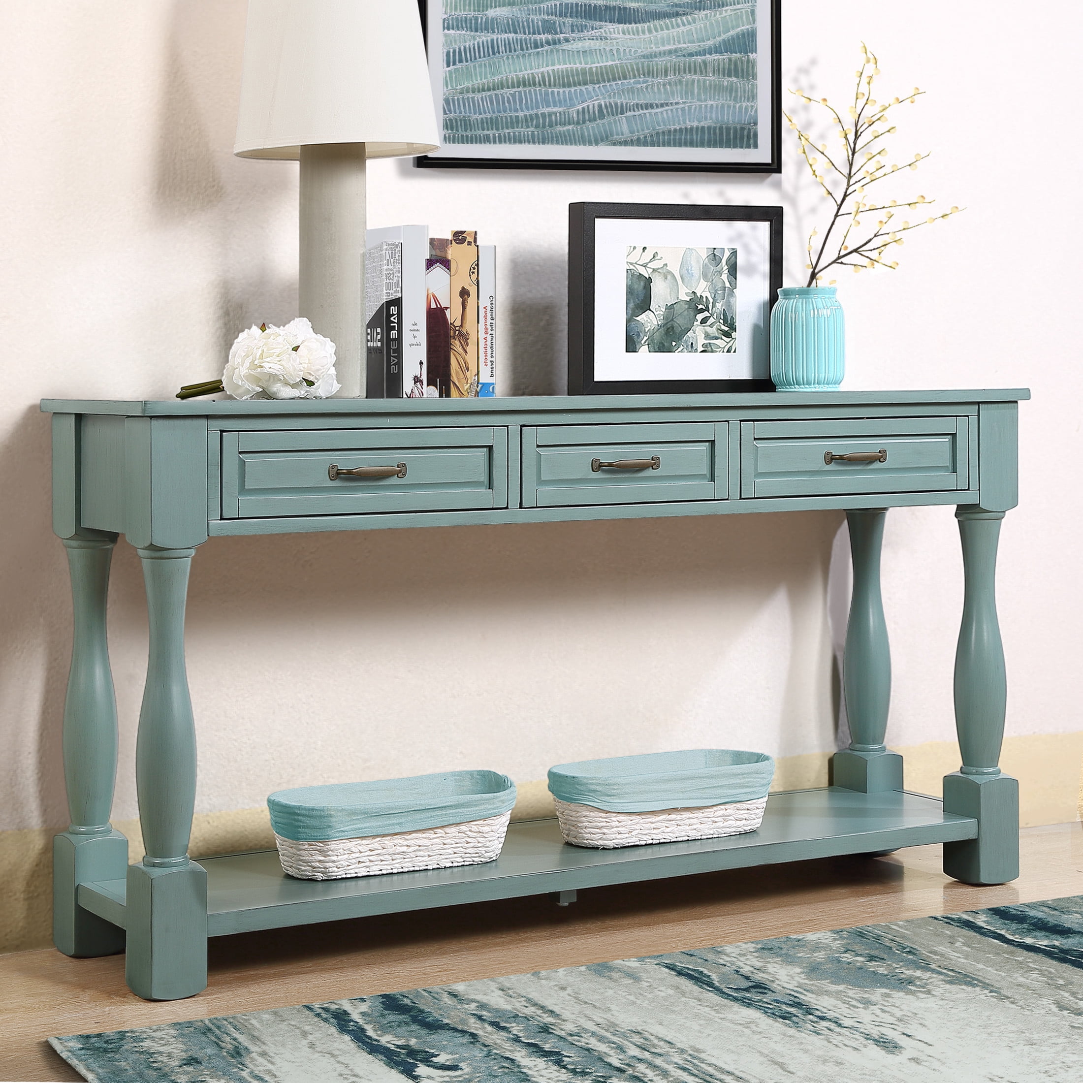 Noble House Adelaide 63" Console Table, Solid Wood Frame Mid-Century Entryway Storage, Retro Blue