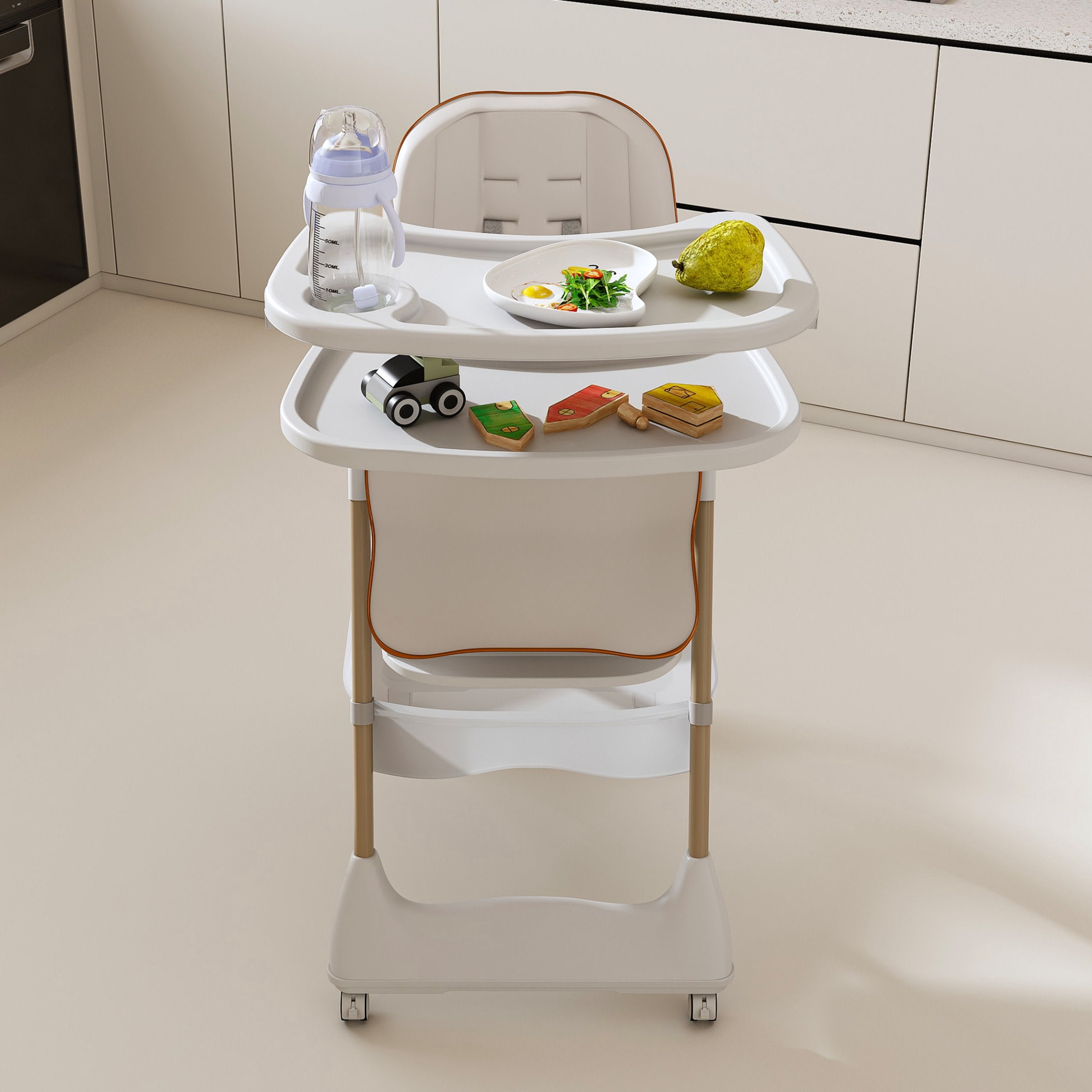 Noble House Adjustable Baby High Chair with Tray, Safety Harness & Lockable Wheels, White