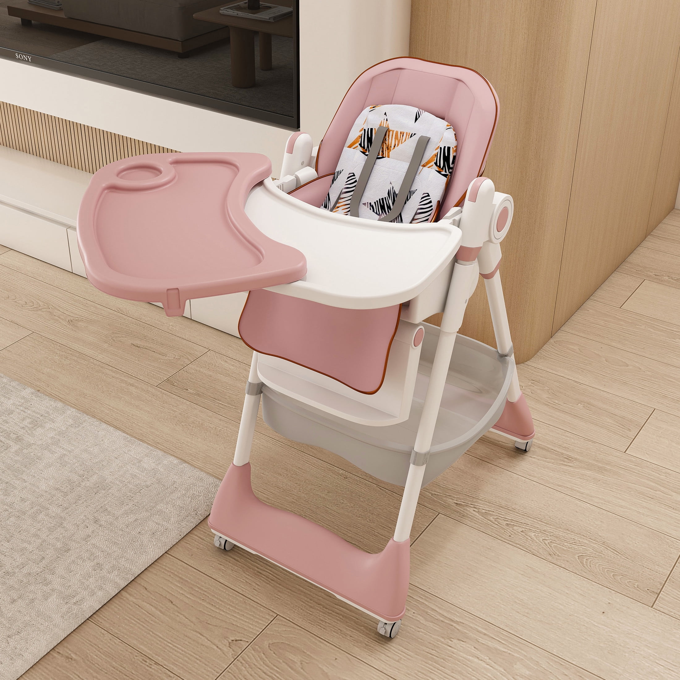 Noble House Adjustable Foldable Baby High Chair with Removable Tray, Harness and Lockable Wheels, Pink