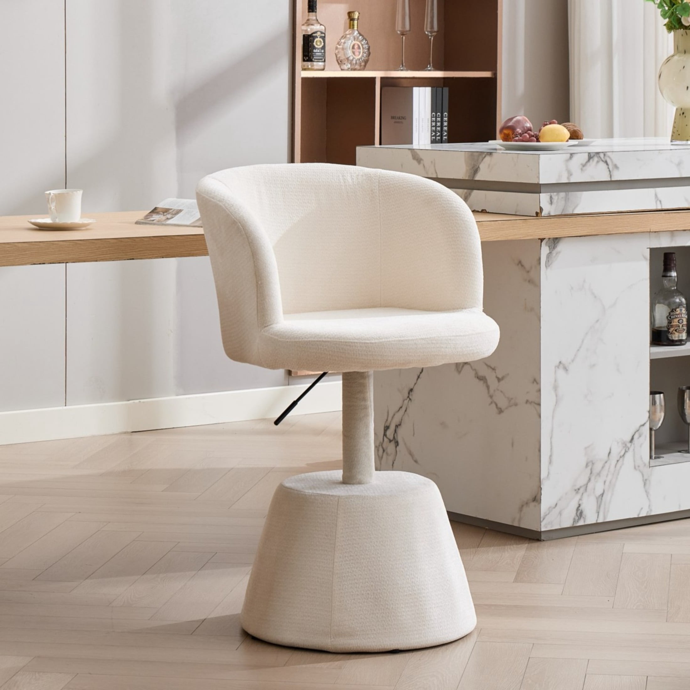 Noble House Adjustable Height Swivel Bar Stool, Chenille Upholstered Round Seat, Metal Base, Beige