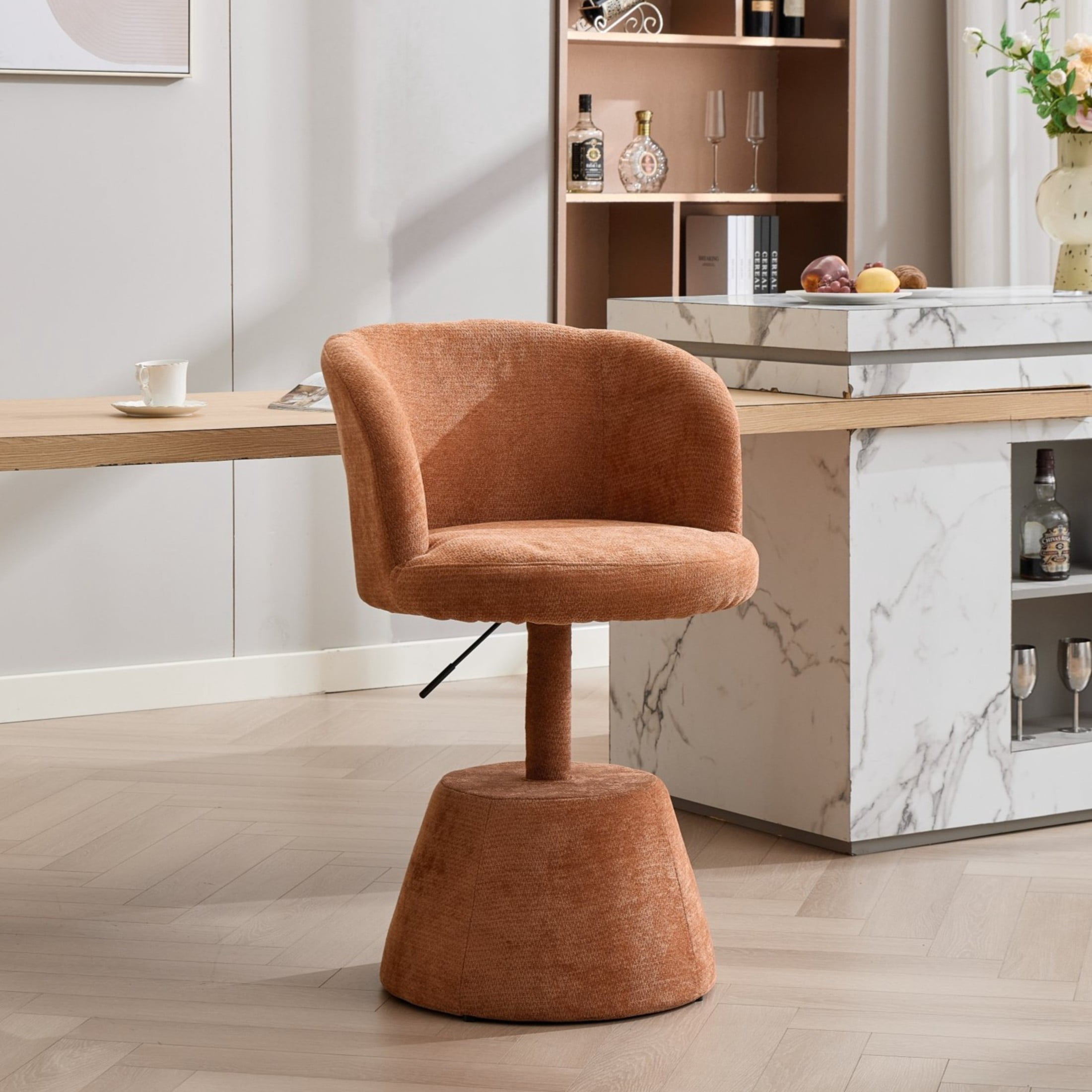 Noble House Adjustable Height Swivel Bar Stool, Chenille Upholstered Round Seat, Metal Base, Terracotta