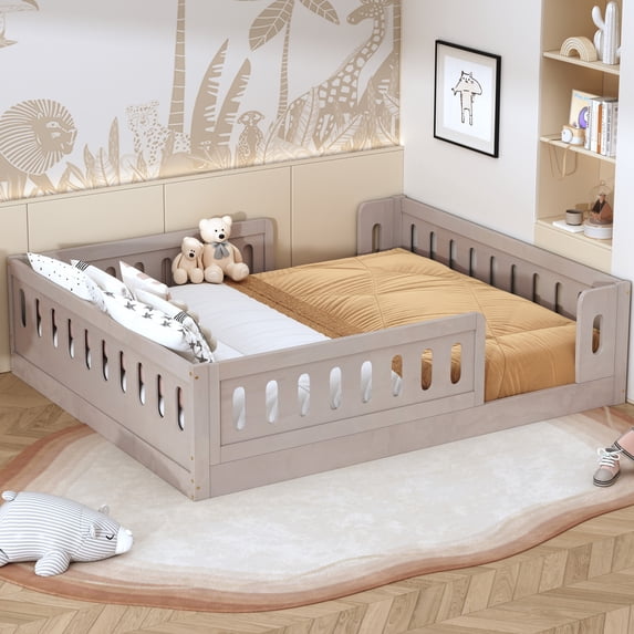 Noble House Agnes Full Platform Bed with Semi-Enclosed Guardrail, Low Profile Floor Bed, Solid Wood Frame, Natural