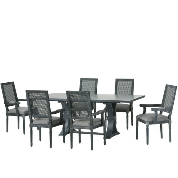 Noble House Aisenbrey Indoor Fabric Upholstered Wood and Cane 7-Piece Expandable Dining Set, Gray