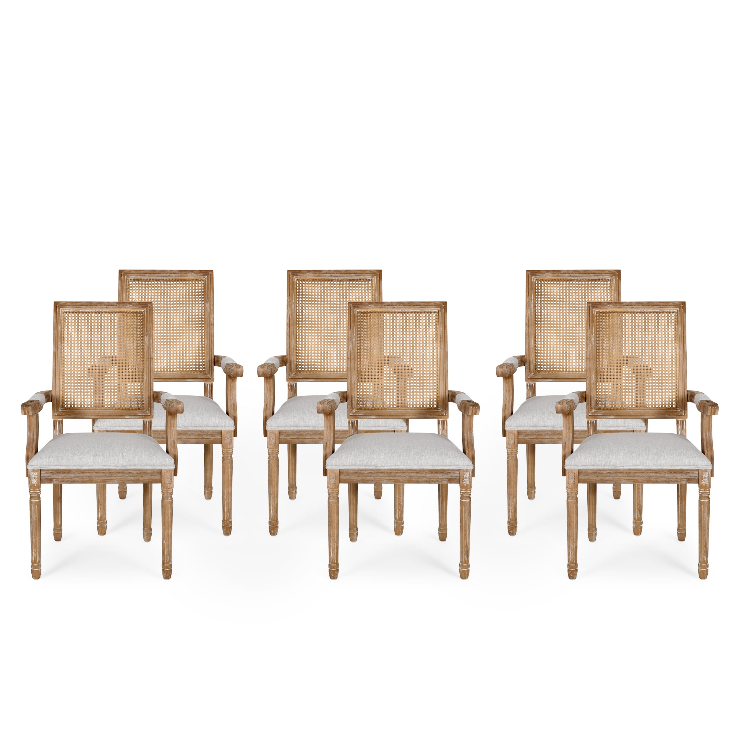 Light Gray Upholstered Arm Chair with Cane Back, Set of 6