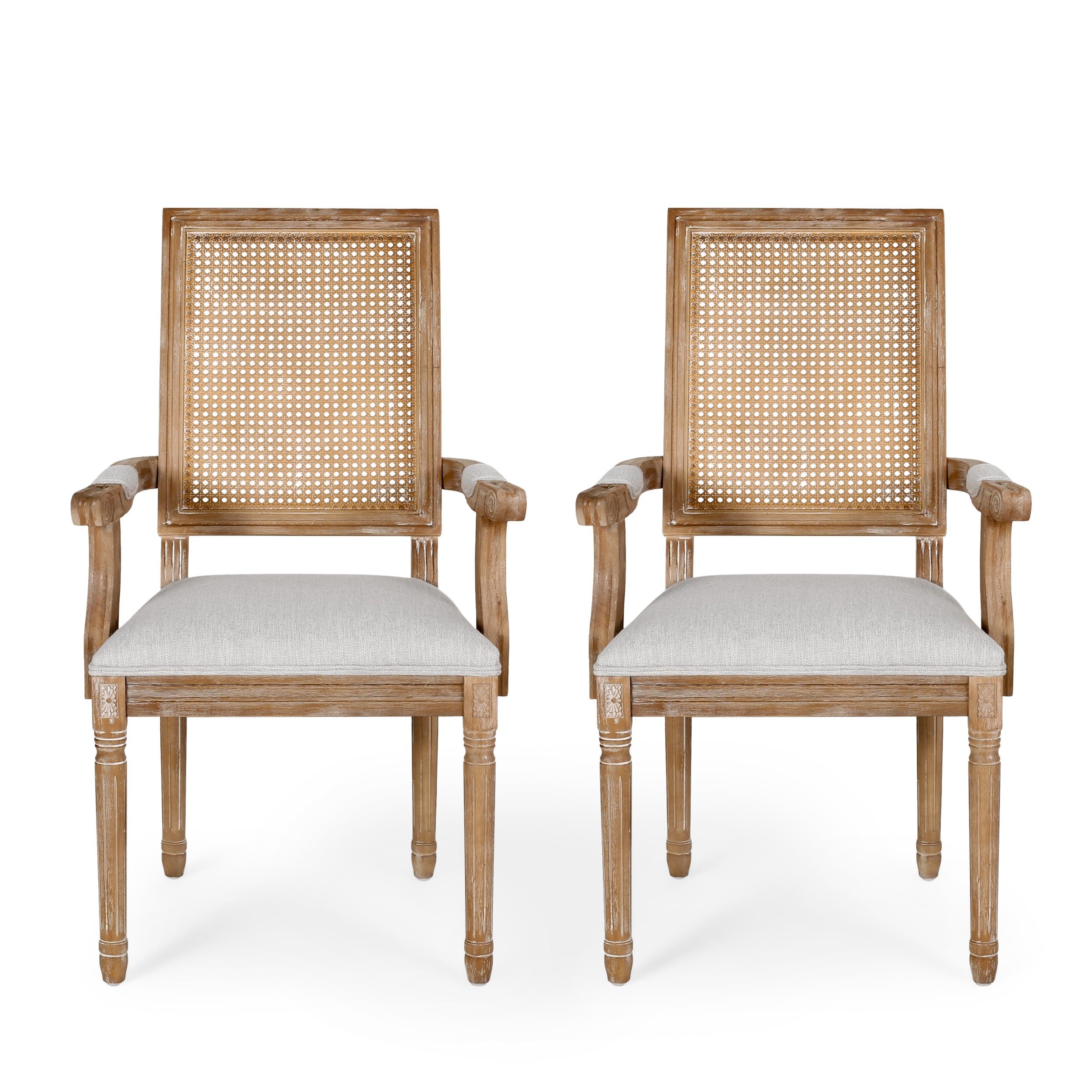 Light Gray Upholstered Rubberwood and Cane Dining Arm Chair Set
