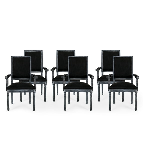 Noble House Aisenbrey Indoor French Wood Upholstered Dining Chair, Set of 6, Black, Gray