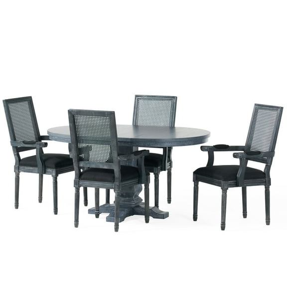 Noble House Aisenbrey Wood and Cane 5-Piece Expandable Dining Set, Gray and Black