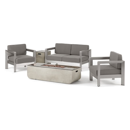 Noble House Alanza Outdoor Modern 4 Seater Aluminum Chat Set with Fire Pit Gray