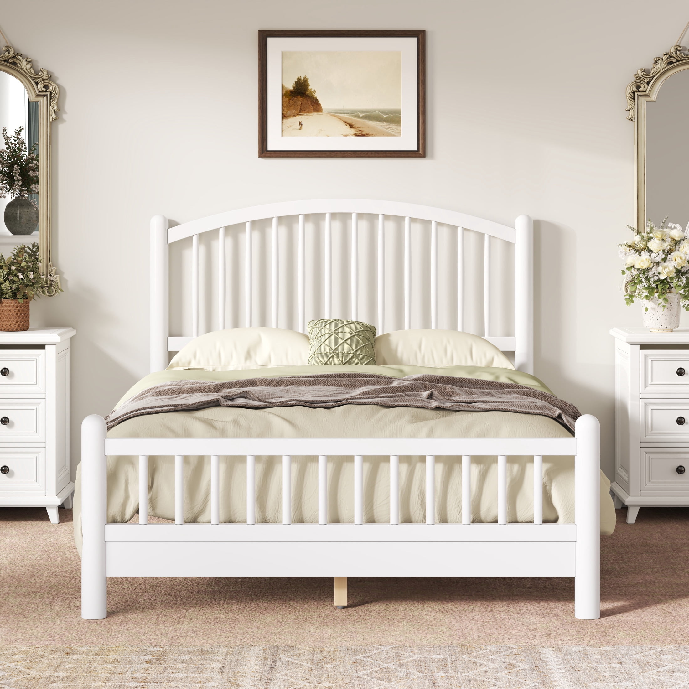 Noble House Alaric Full Wood Platform Bed Frame, Arched Spindle Headboard, Noise-Free Foundation, White