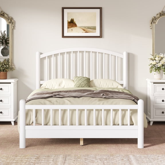 Noble House Alaric Full Wood Platform Bed Frame, Arched Spindle Headboard, Noise-Free Foundation, White