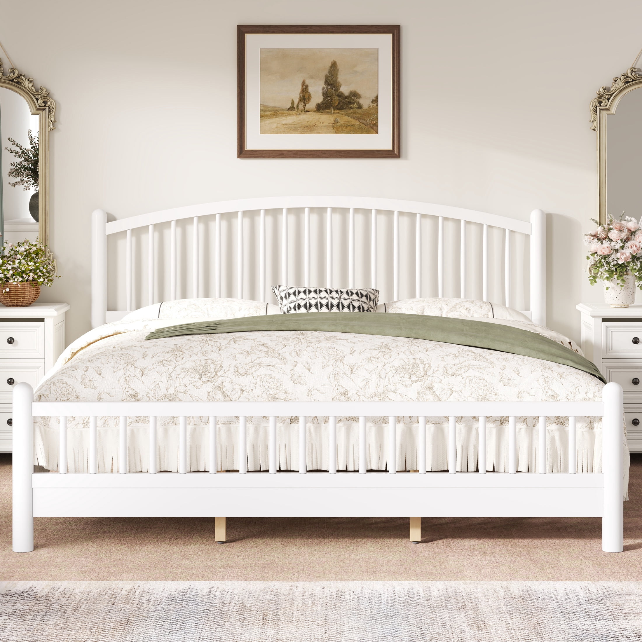 Noble House Alaric King Wood Platform Bed Frame, Arched Spindle Headboard, Noise-Free Foundation, White