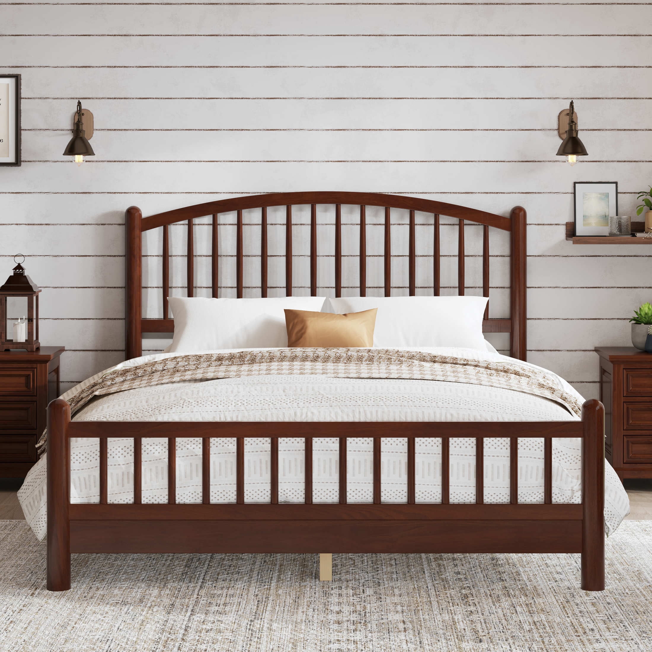 Noble House Alaric Queen Wood Platform Bed Frame, Arched Spindle Headboard, Noise-Free Foundation, Espresso