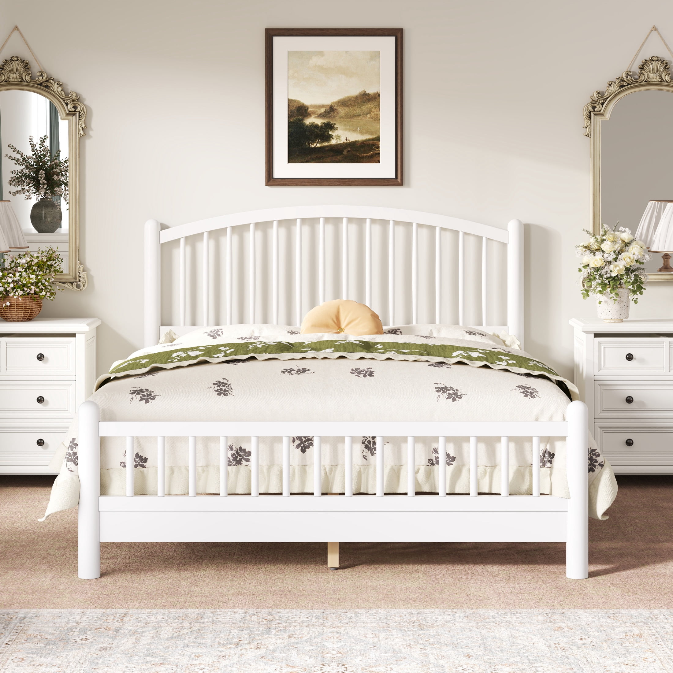Noble House Alaric Queen Wood Platform Bed Frame, Arched Spindle Headboard, Noise-Free Foundation, White