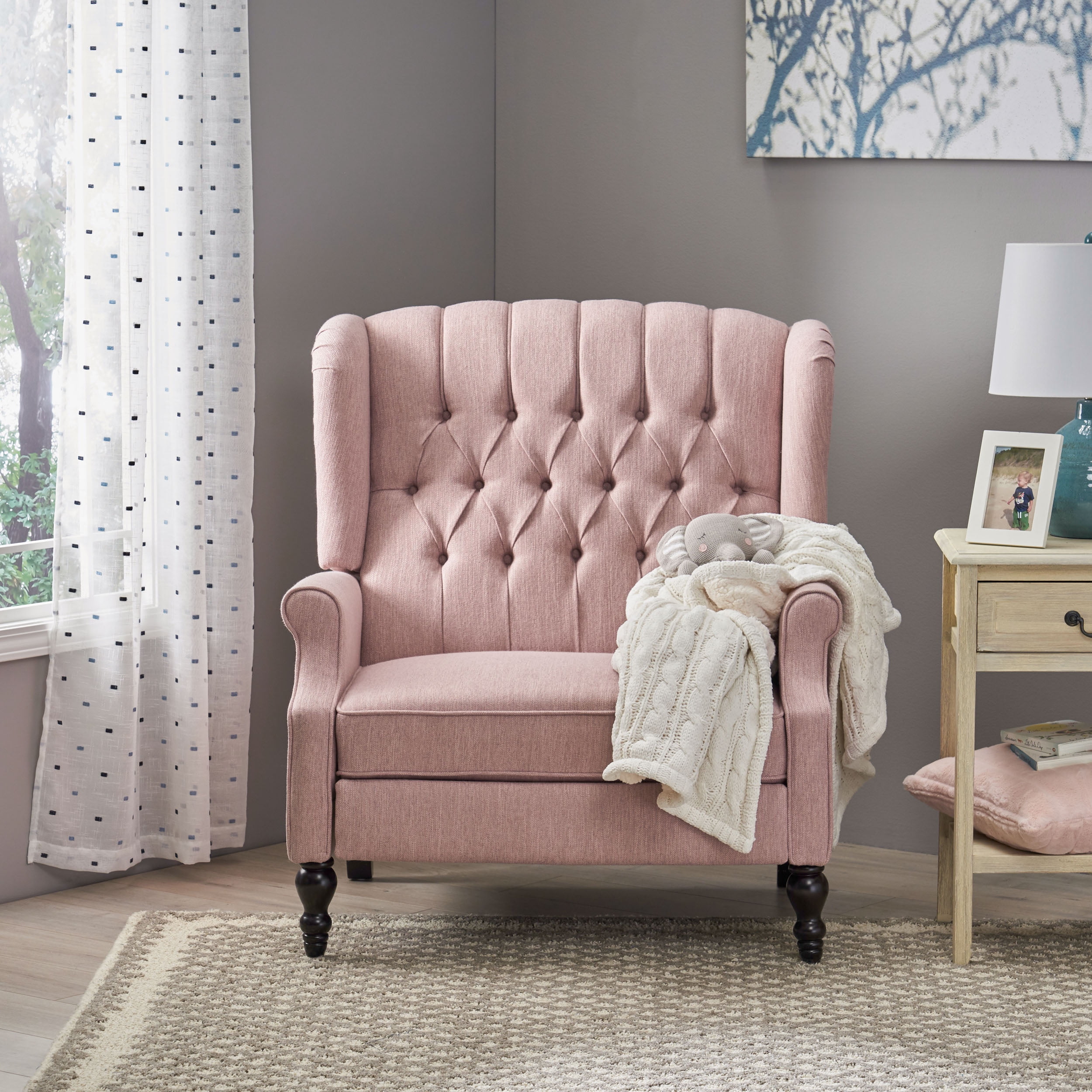 Noble House Albert Oversized Tufted Fabric Push Back Recliner, Pink ...