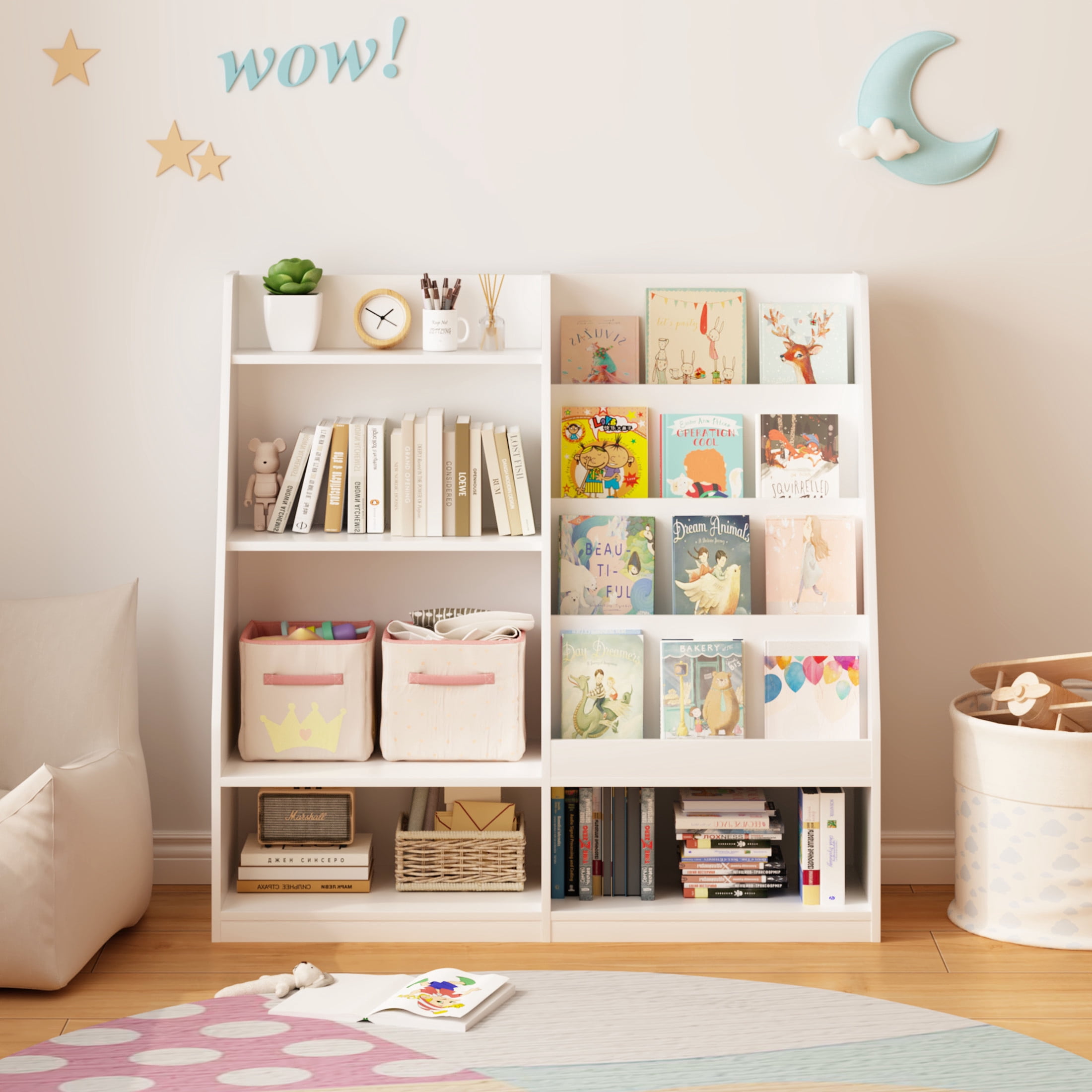 Noble House Aldo 4-Tier Kids Wooden Bookshelf & Toy Storage Organizer, Bookcase Display Stand in Kids Room, White