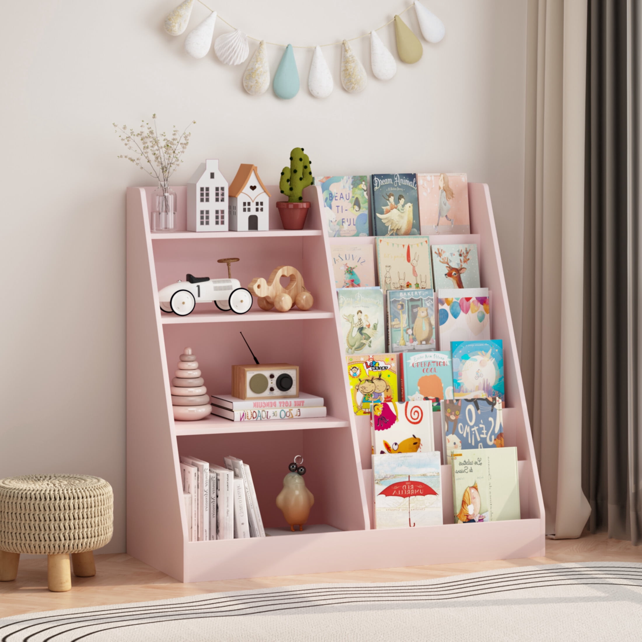 Noble House Aldo 4-Tier Wooden Bookshelf, Multifunctional  Toy Storage Organizer in Kids Room, Display Stand, Pink