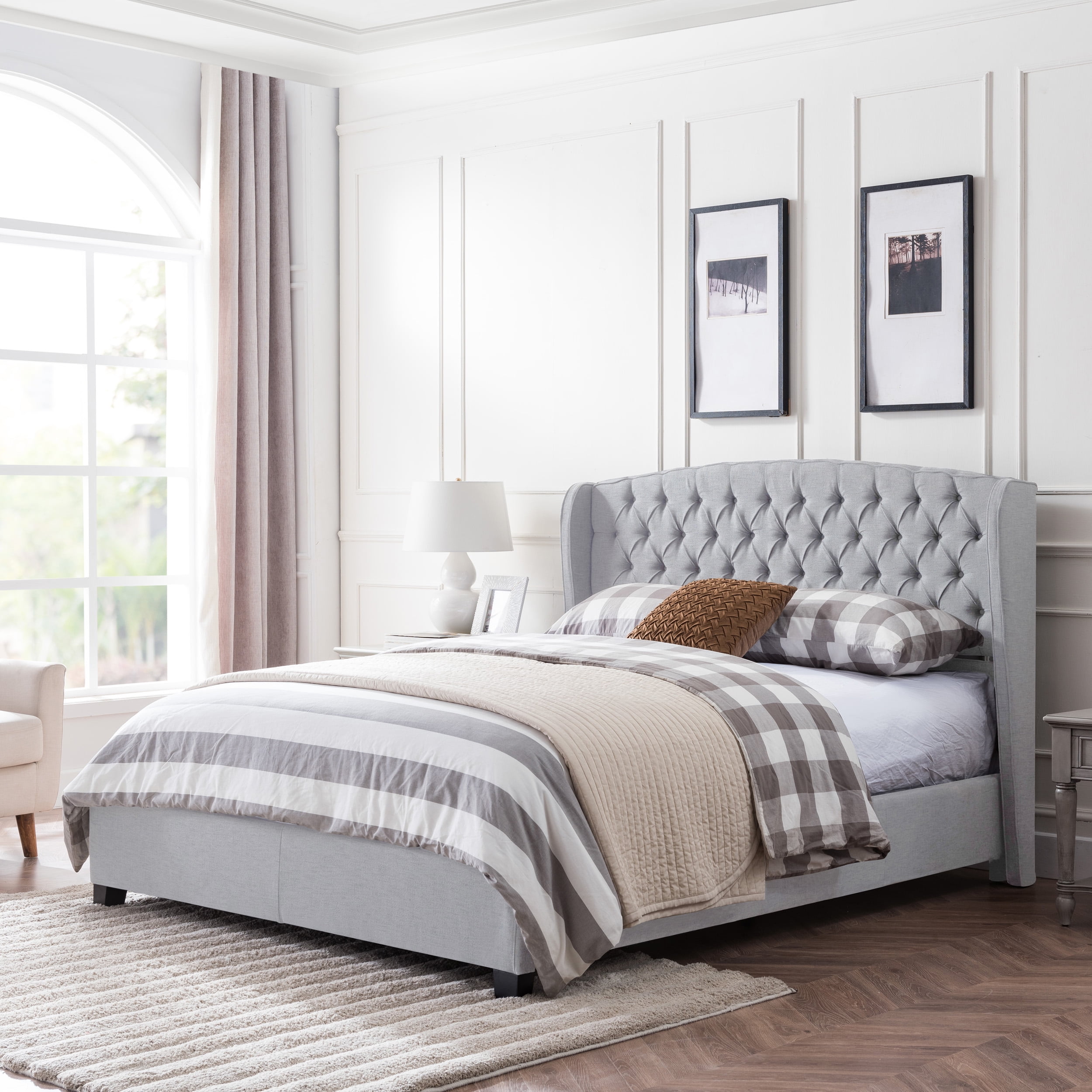 Noble House Aldo Contemporary Fully Upholstered King Size Platform Bed Frame Light Gray Dark Brown