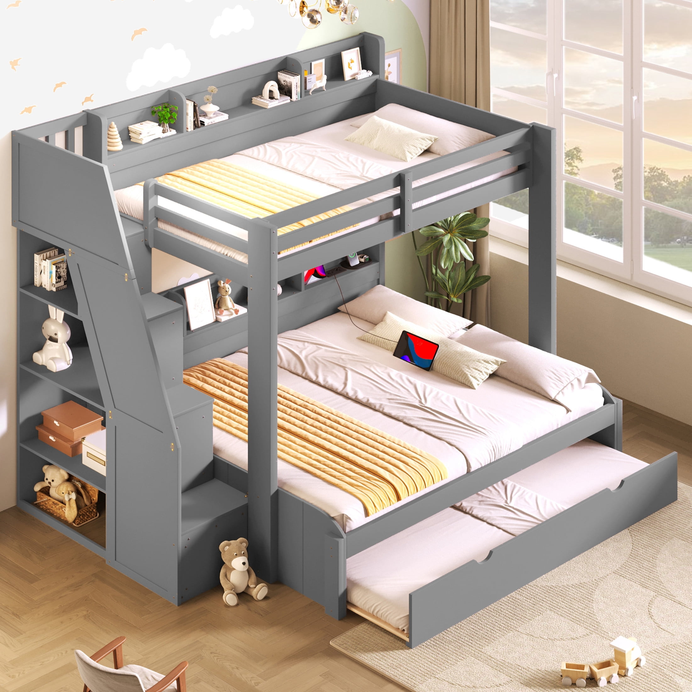Noble House Aldorin Twin over Full Bunk Bed with Storage Staircase and Trundle, LED Light and Charging Ports, Gray