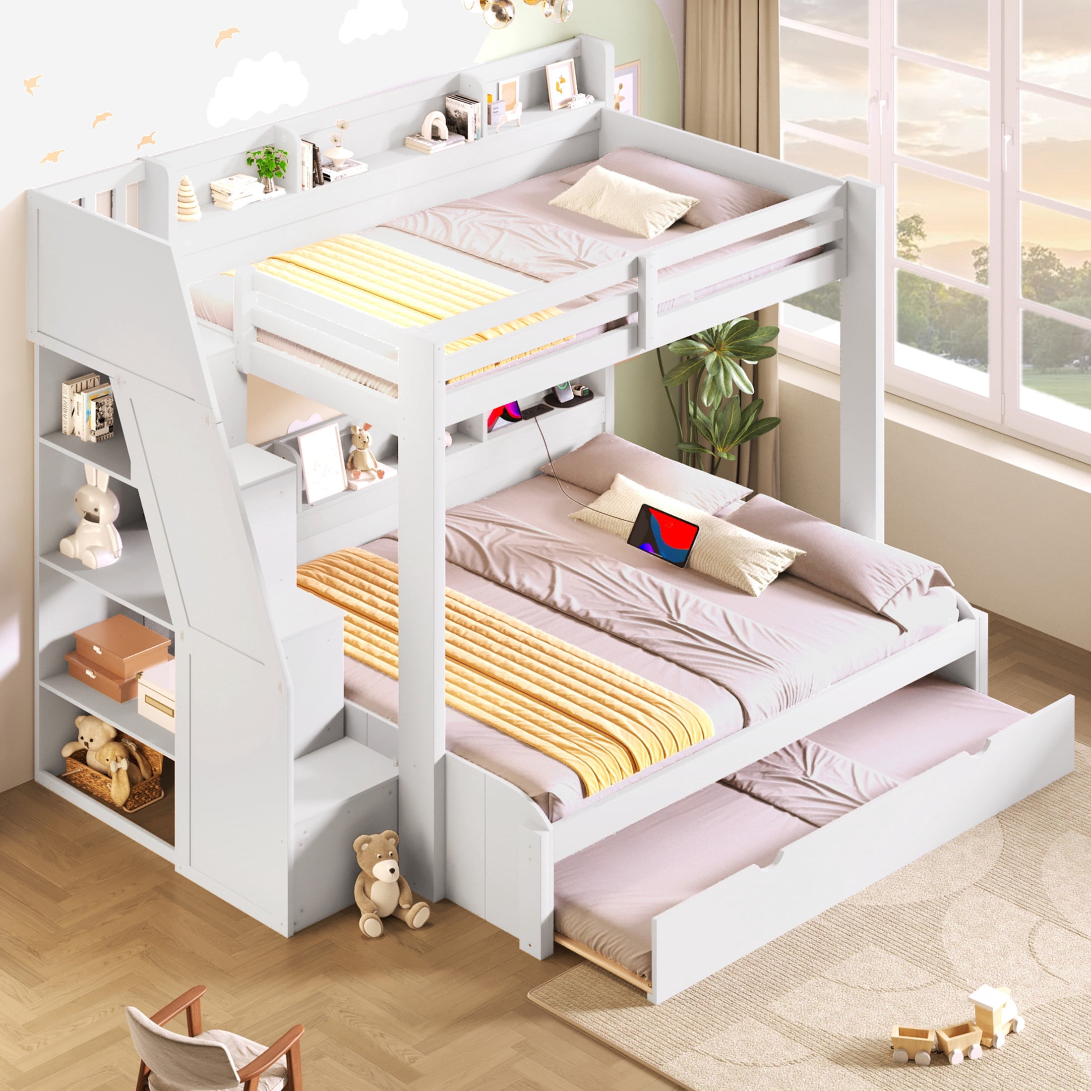 Noble House Aldorin Twin over Full Bunk Bed with Storage Staircase and Trundle, LED Light and Charging Ports, White