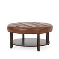 thumbnail image 1 of Noble House Aldrich Faux Leather and Wood Tufted Round Ottoman with Open Shelf, Cognac Brown and Espresso, 1 of 7
