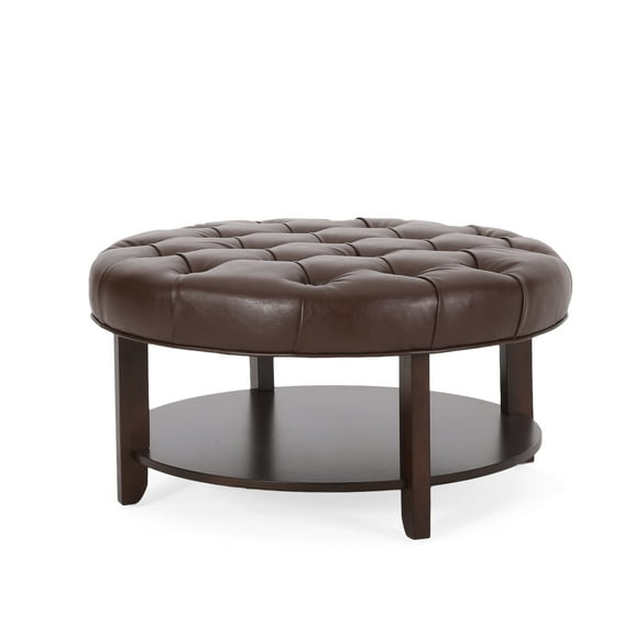Noble House Aldrich Faux Leather and Wood Tufted Round Ottoman with Open Shelf, Dark Brown and Espresso