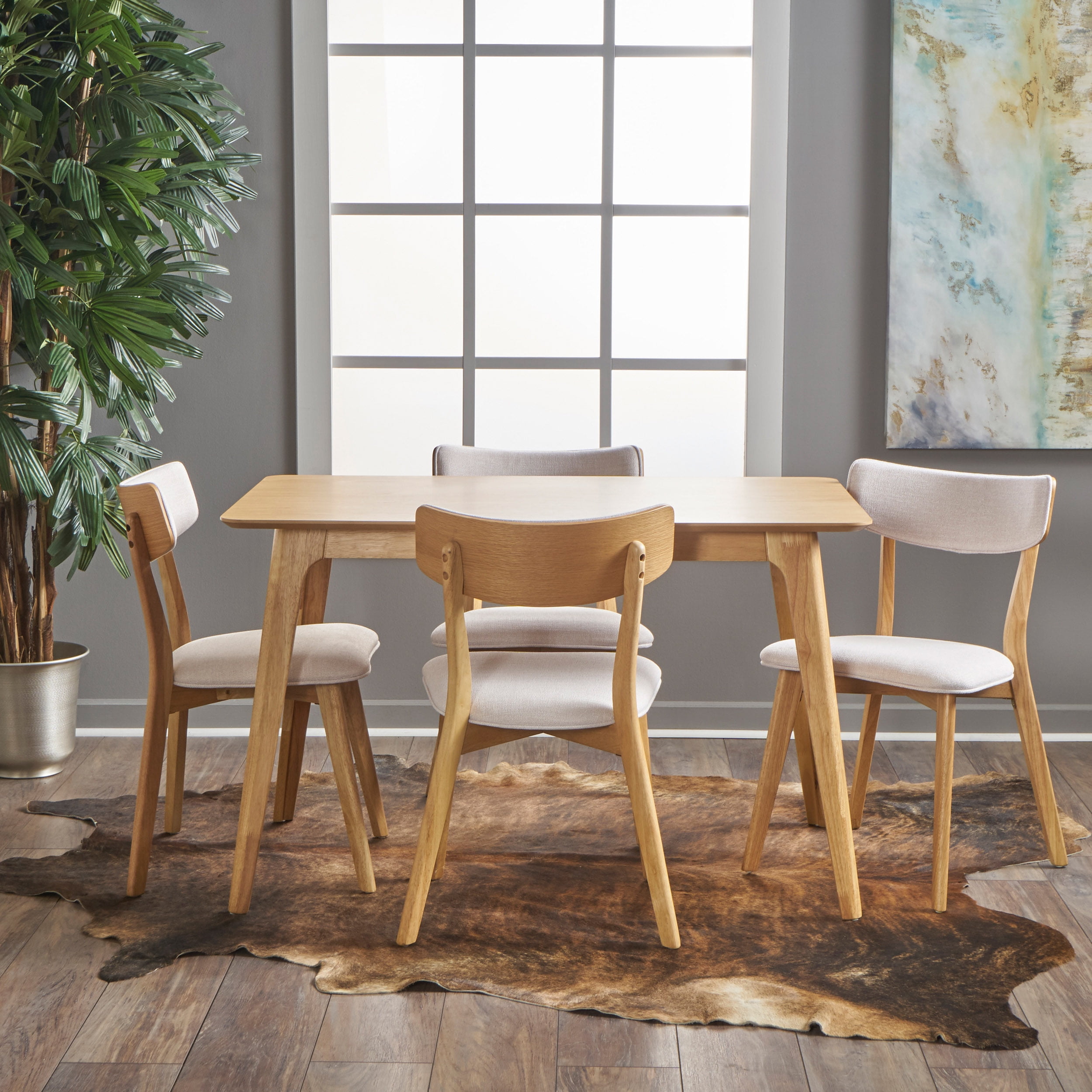 Noble House Alexa Mid Century Natural Oak Wood Light Beige 5 Piece