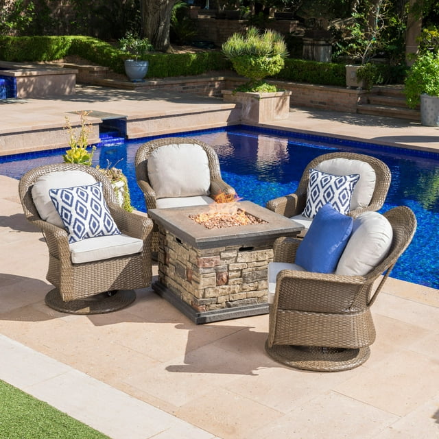 Noble House Alhambra 5 Piece Outdoor Swivel Chair and Firepit Set in Brown