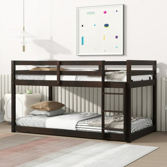 Noble House Alina Twin Over Twin Floor Bunk Bed with Ladder, Solid Rubber Wood Frame with Strengthened Slats, Espresso