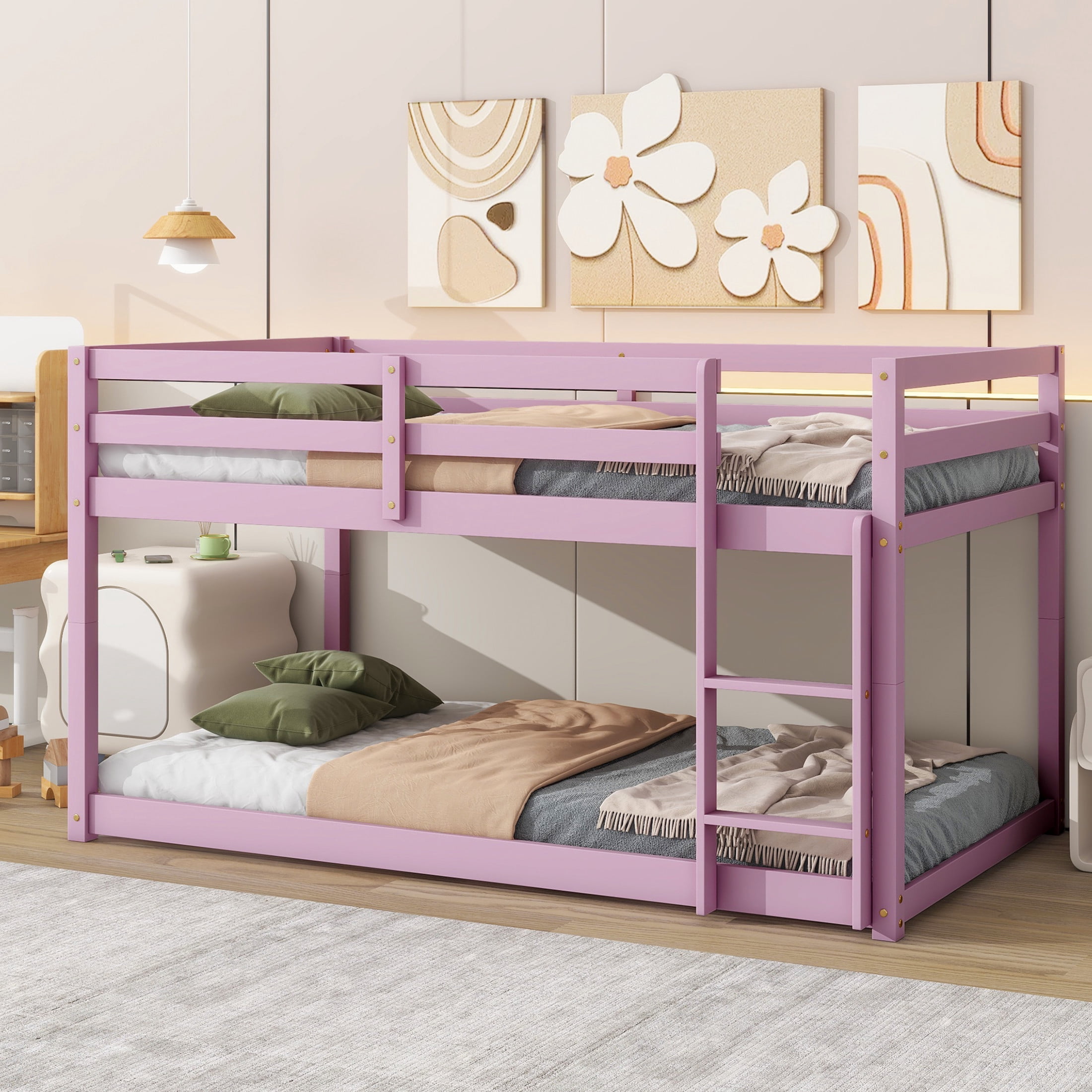 Noble House Alina Twin Over Twin Floor Bunk Bed with Ladder, Solid Rubber Wood Frame with Strengthened Slats, Pink