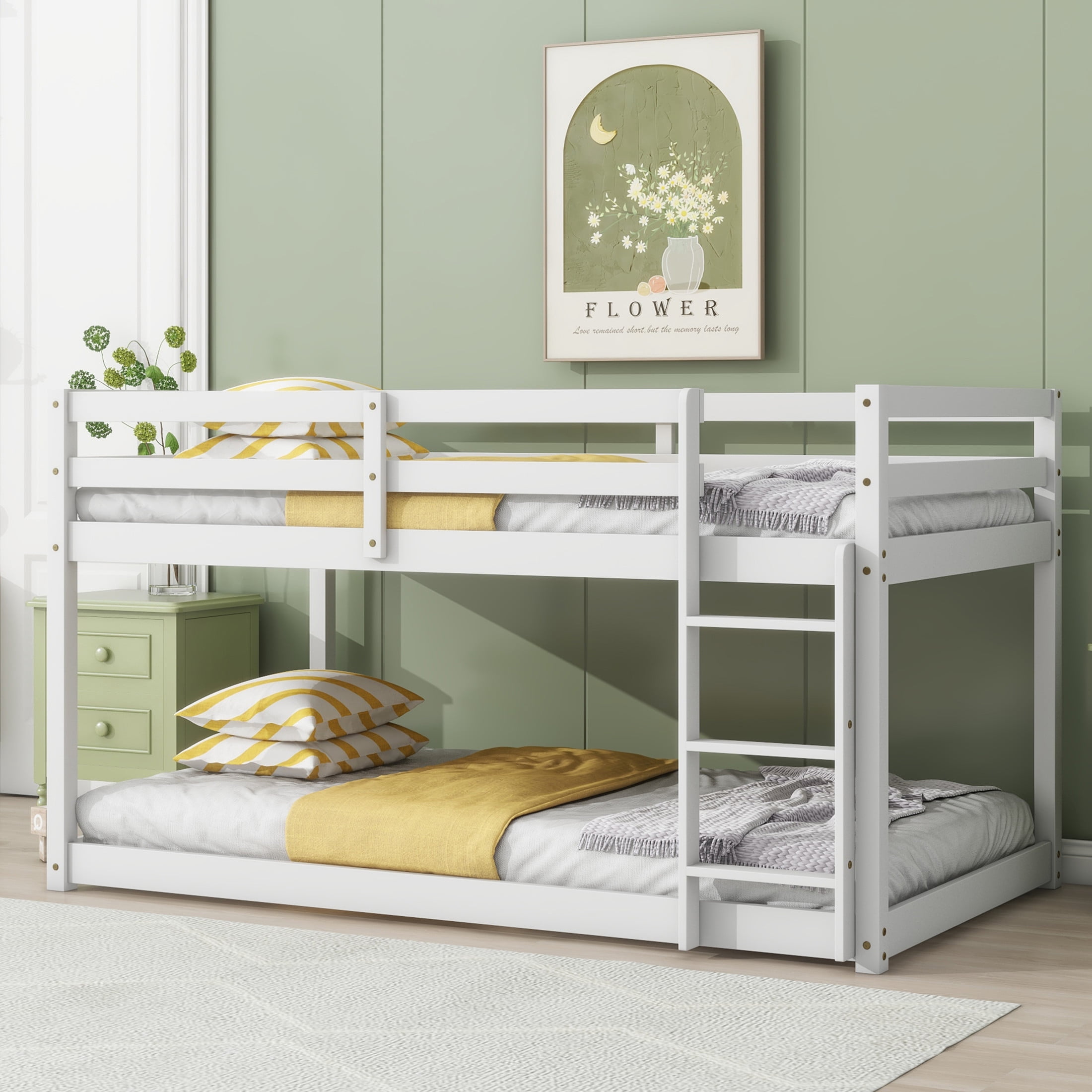 Noble House Alina Twin Over Twin Floor Bunk Bed with Ladder, Solid Rubber Wood Frame with Strengthened Slats, White