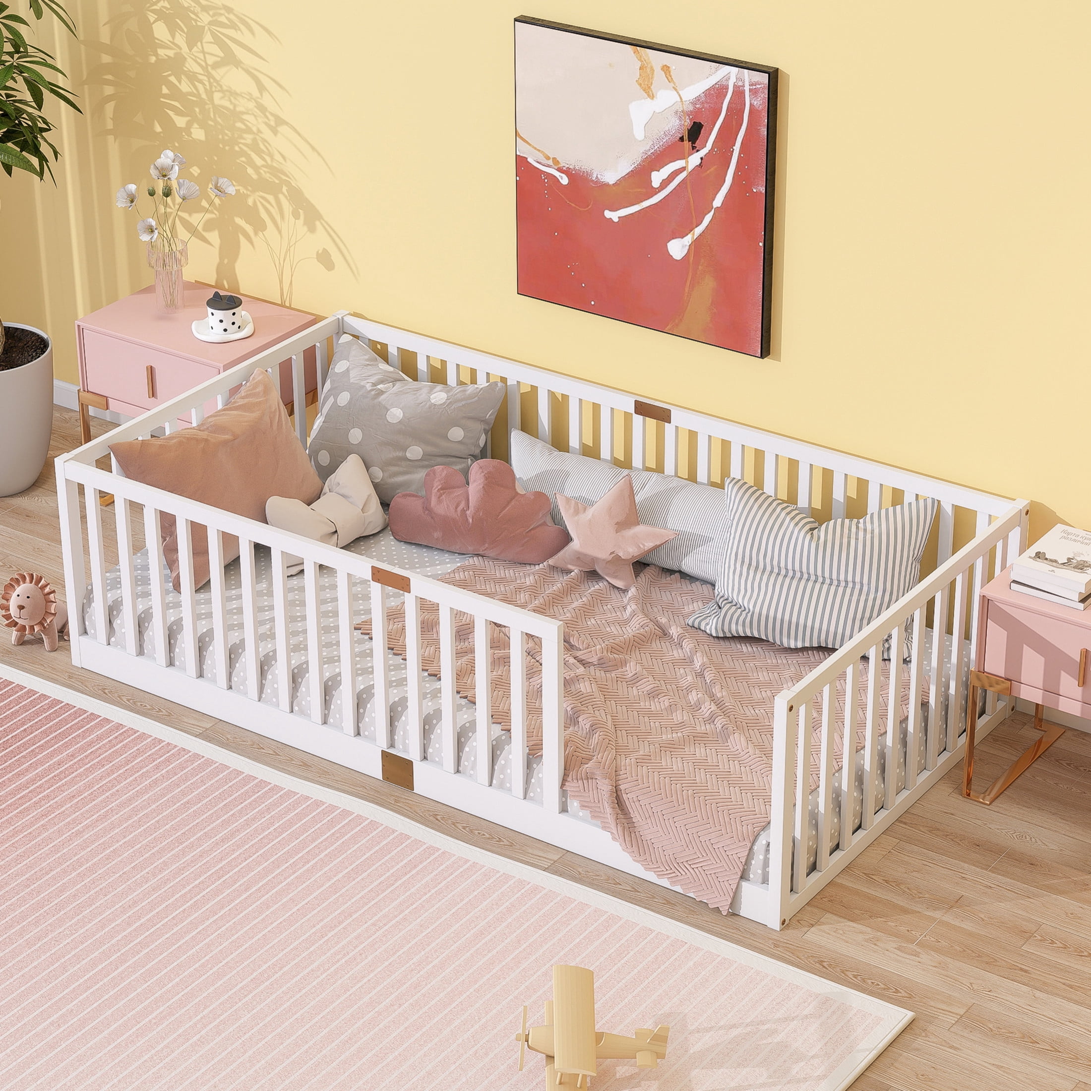Noble House Alista Twin Size Rubber Wooden Floor Bed with High Safety Fence Guardrails, White