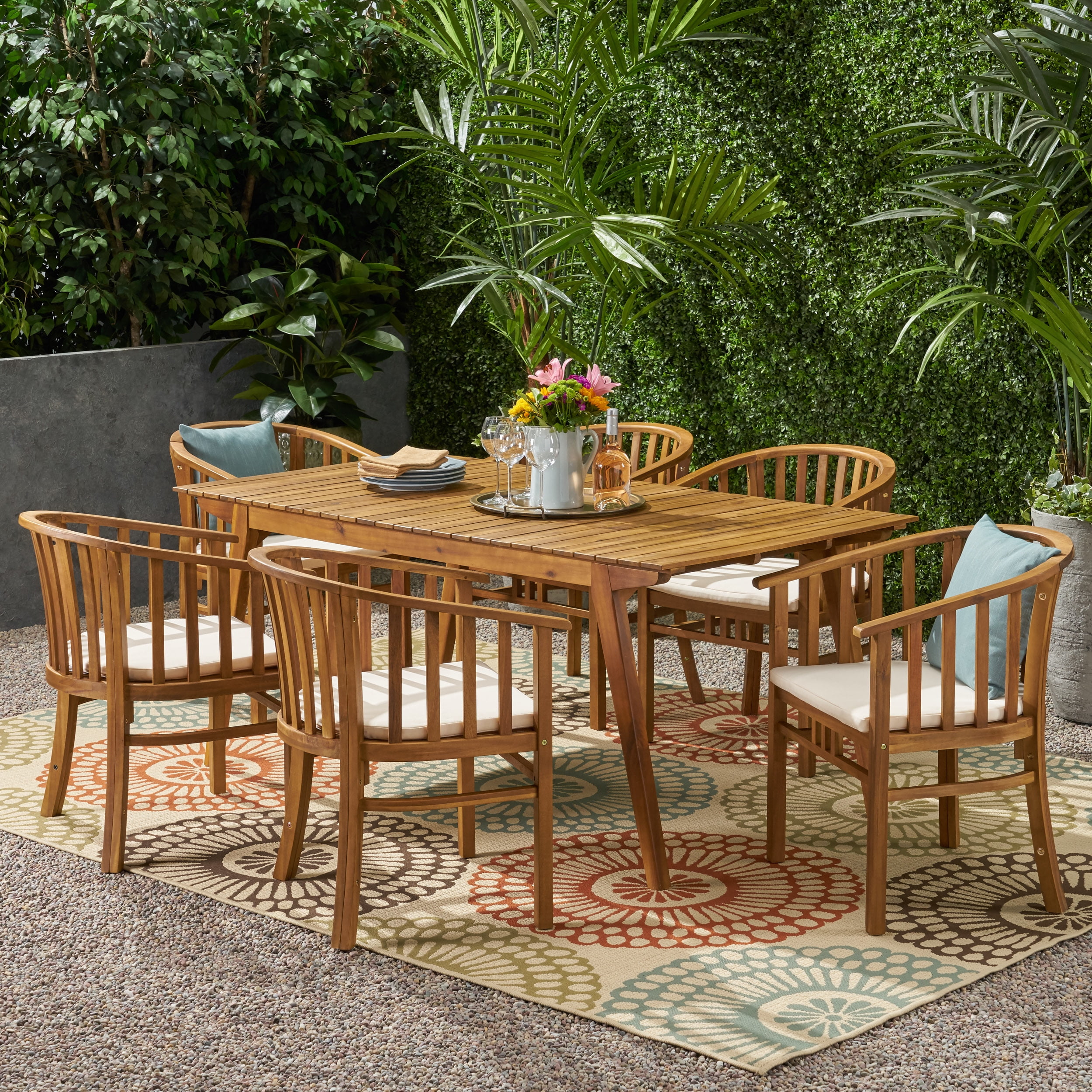 Noble House Alondra 7 Piece Wooden Patio Dining Set in Teak and Cream ...