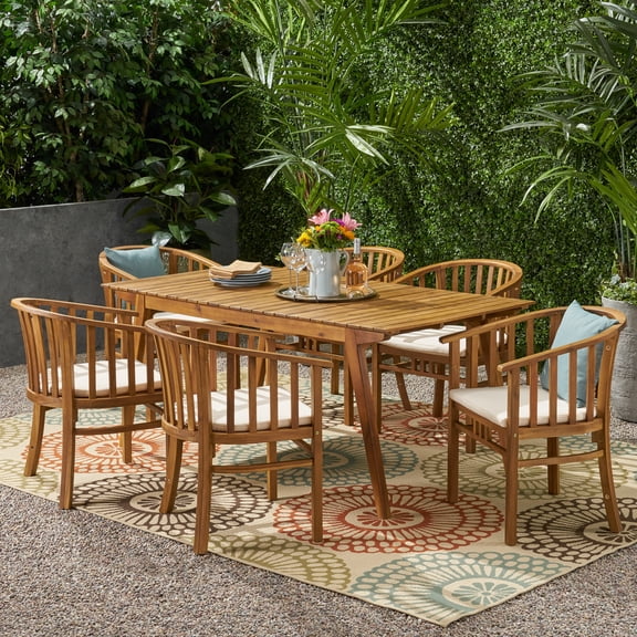 Ruben Outdoor 6 Seater Acacia Wood Dining Set, Teak, Cream