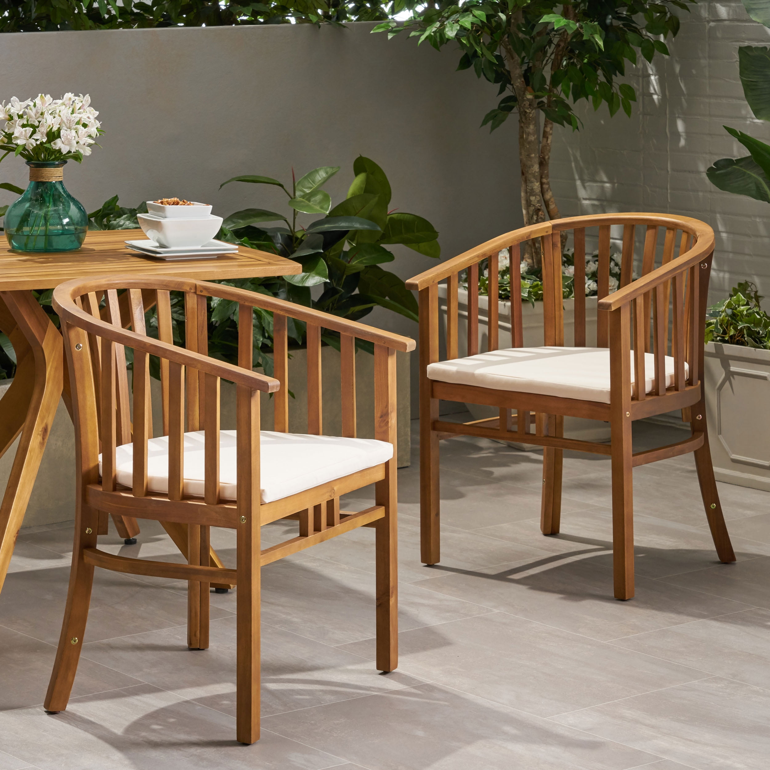 Ayan Outdoor Wooden Dining Chairs with Cushions, Set of 2, Cream and Teak Finish